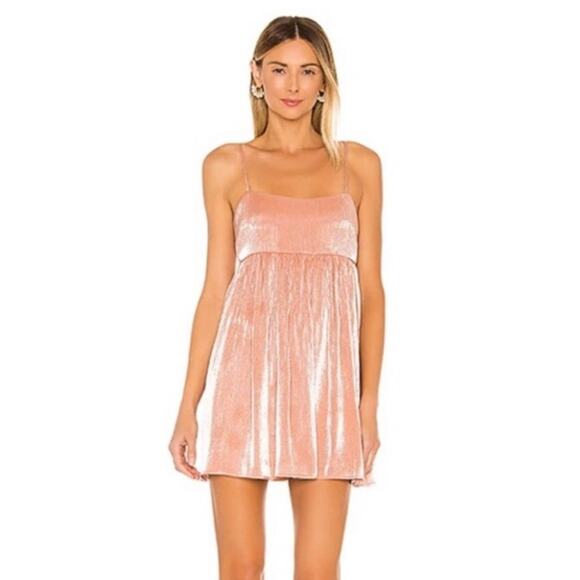 Lovers + Friends Davina Metallic Lame Shirred Babydoll Mini Dress in Peach Pink - Picture 1 of 13